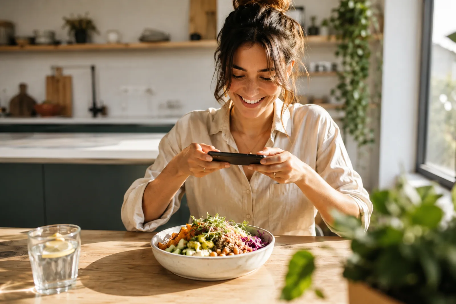 A woman photographing a healthy grain bowl with the Bitewise app in a sunny kitchen